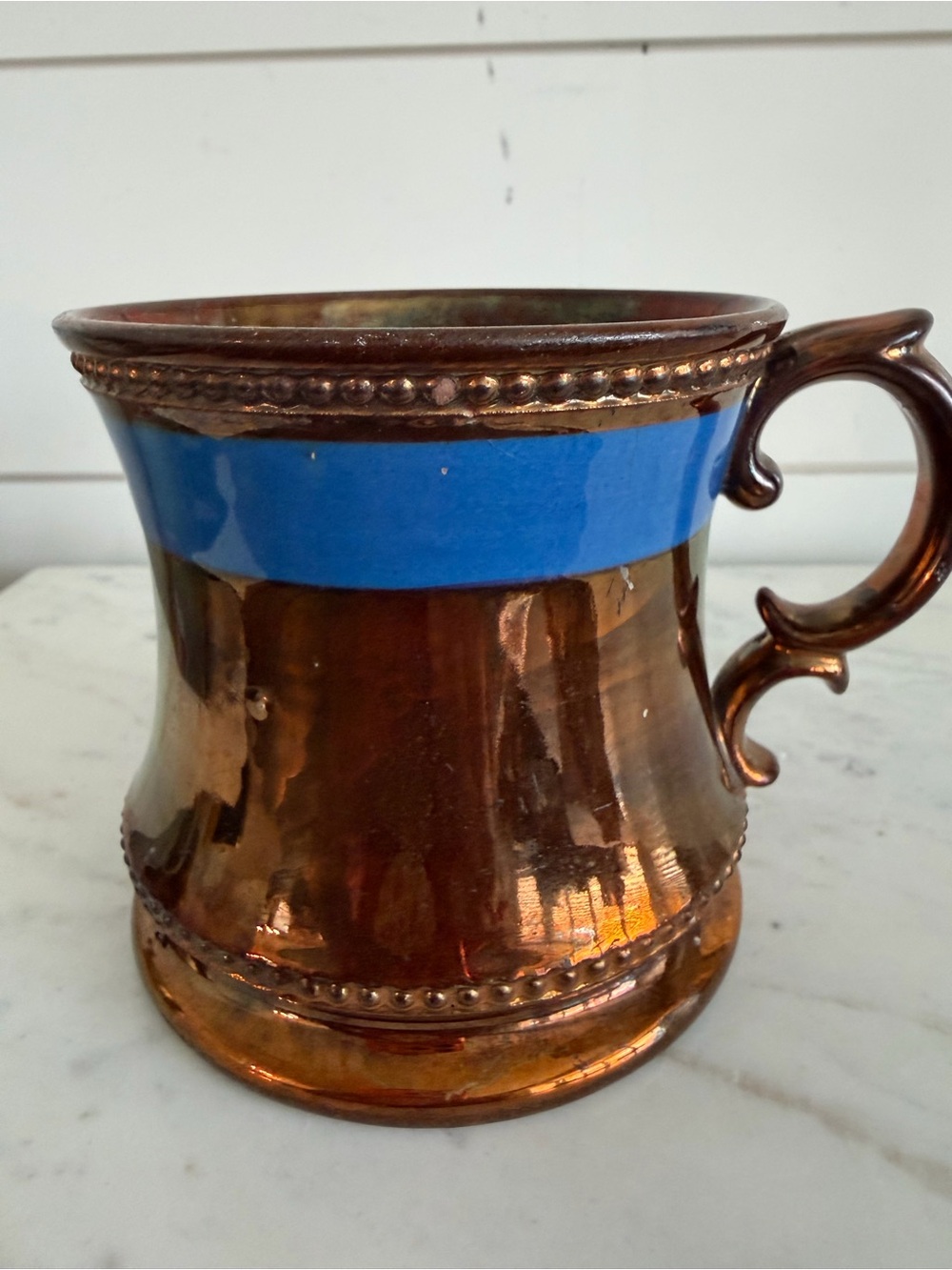 Antique 19th Century English Copper Luster Mug Blue Band